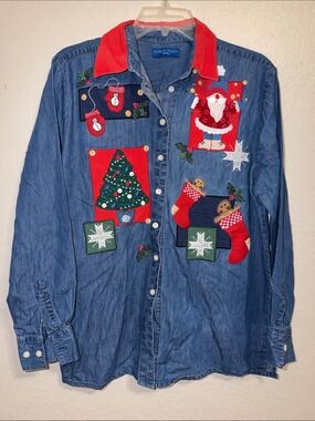 Vintage Embroidered Christmas Denim Shirt Corduroy Collar 90s JD2 626